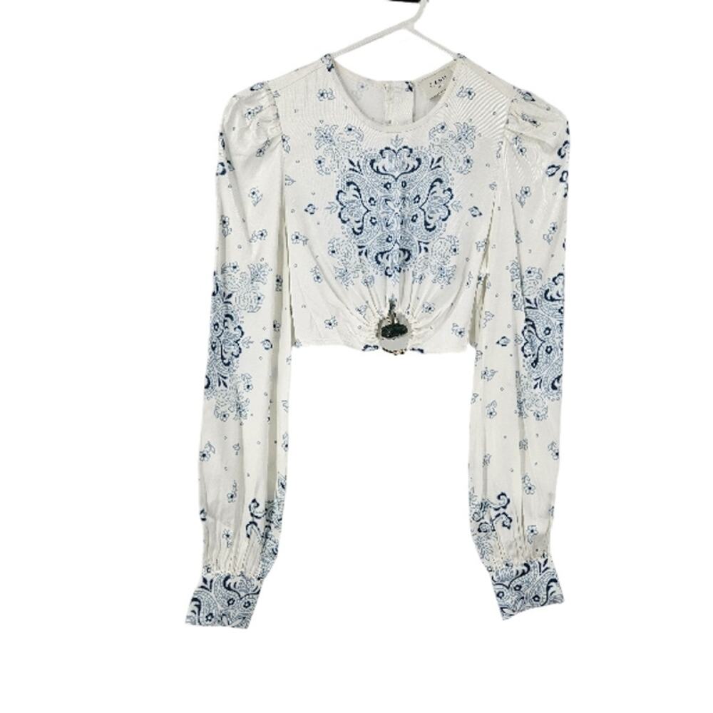 Cami NYC Zemira Crop Top White Blue Silk Satin Paisley Balloon Sleeves Size 0
